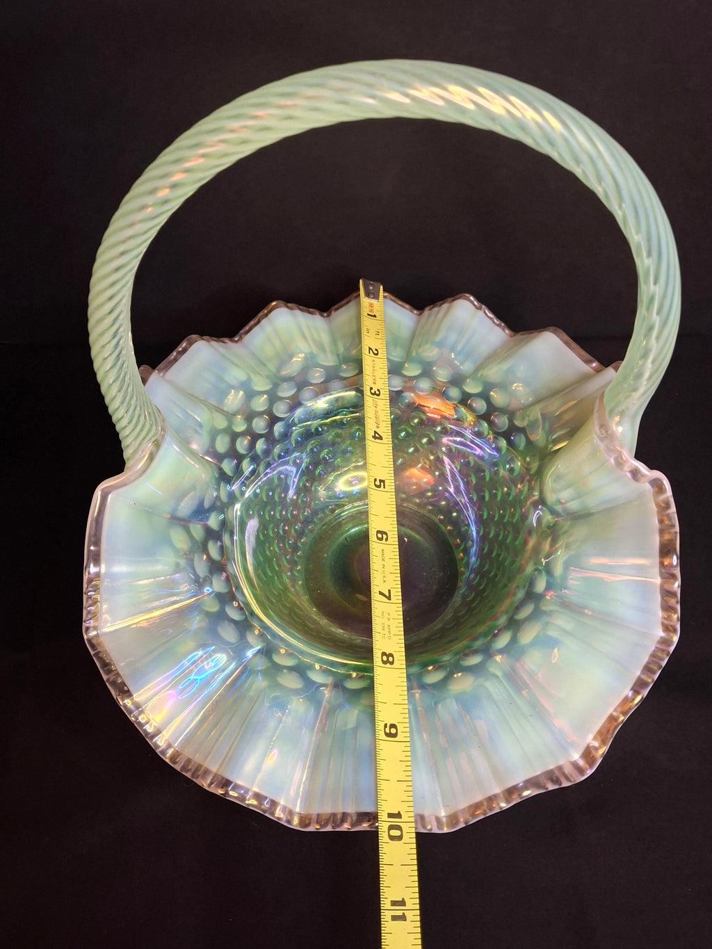 Vintage Fenton Green Opalescent Carnival Hobnail Glass Basket Ruffled Iridescent 10"