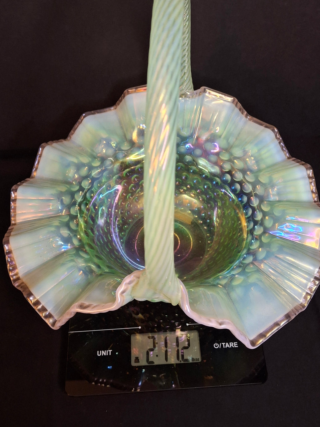 Vintage Fenton Green Opalescent Carnival Hobnail Glass Basket Ruffled Iridescent 10"