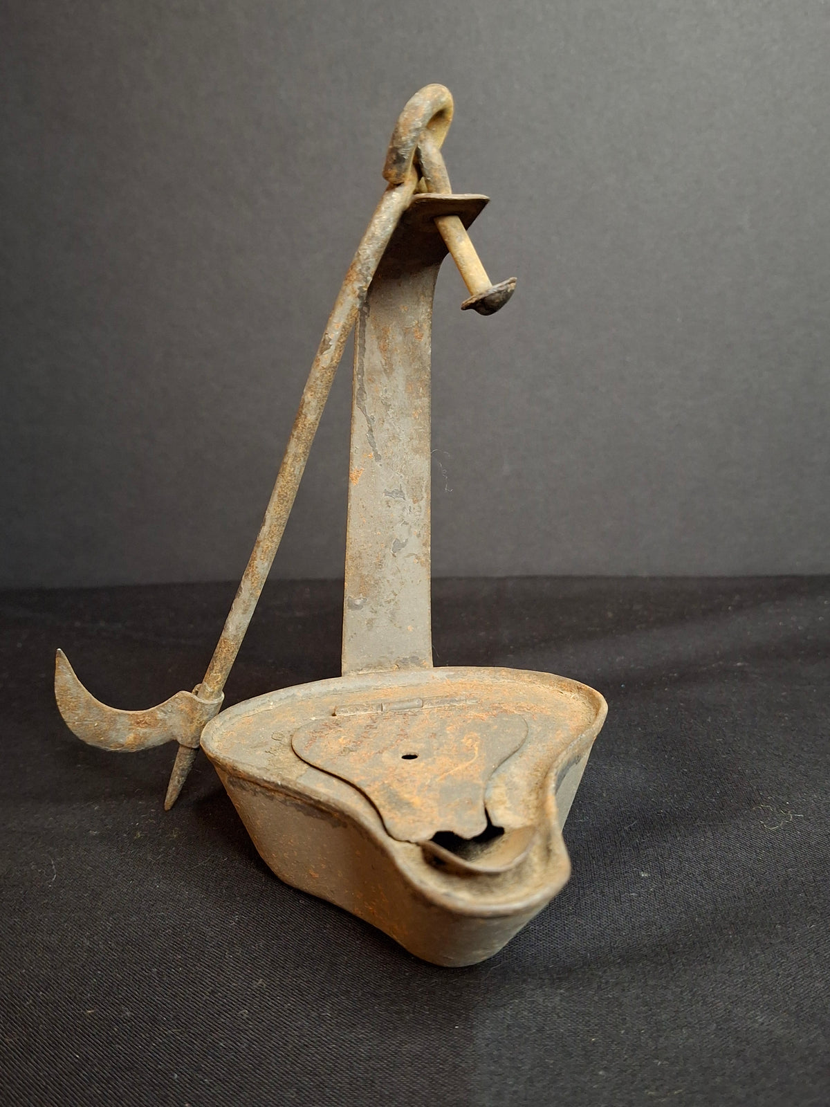 Antique 18th C Tin Betty Lamp Primitive Hand Wrought Grease Fat Oil Light Hook Pick