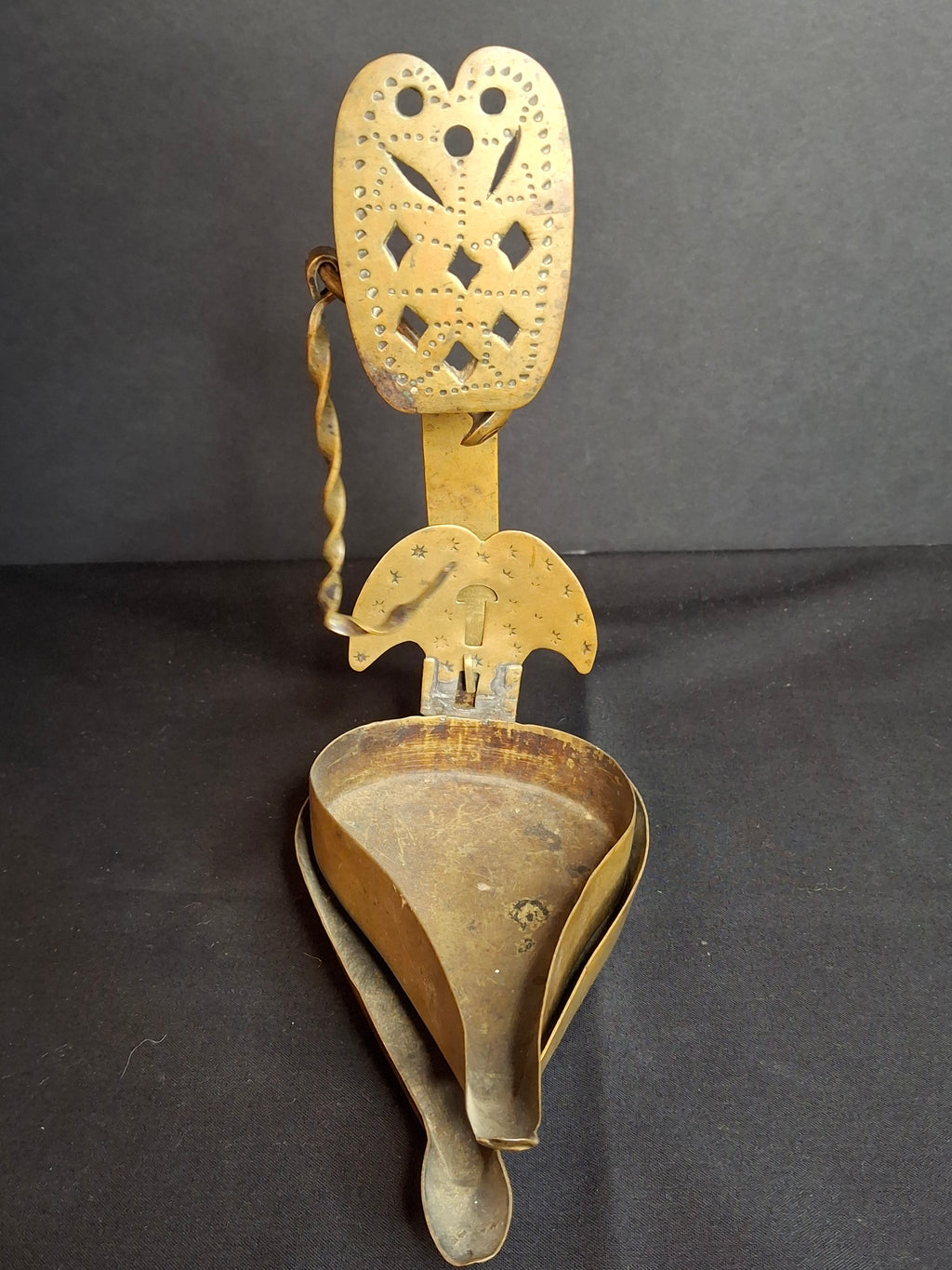 18th Century RARE MUSEUM GRADE Antique Huge Brass Double Cruise Crusie Phoebe Lamp 8.5" Pierced Backplate Marked