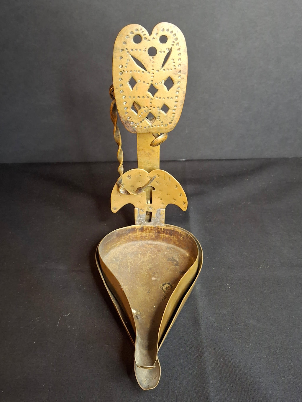 18th Century RARE MUSEUM GRADE Antique Huge Brass Double Cruise Crusie Phoebe Lamp 8.5" Pierced Backplate Marked