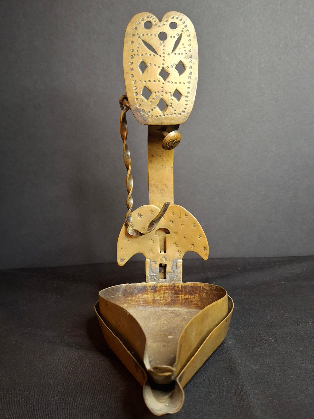 18th Century RARE MUSEUM GRADE Antique Huge Brass Double Cruise Crusie Phoebe Lamp 8.5" Pierced Backplate Marked