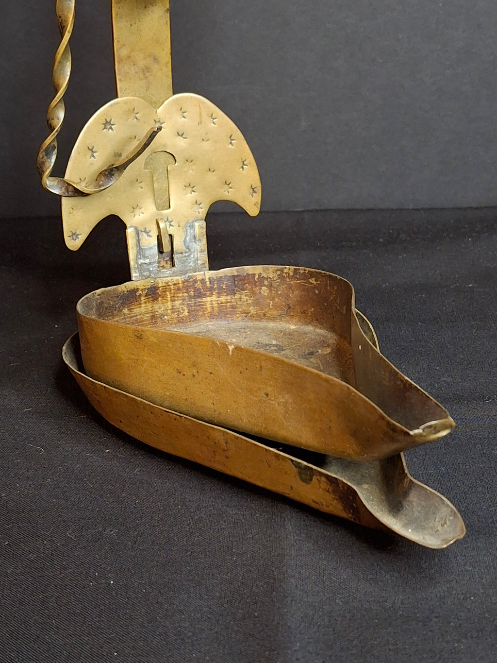18th Century RARE MUSEUM GRADE Antique Huge Brass Double Cruise Crusie Phoebe Lamp 8.5" Pierced Backplate Marked