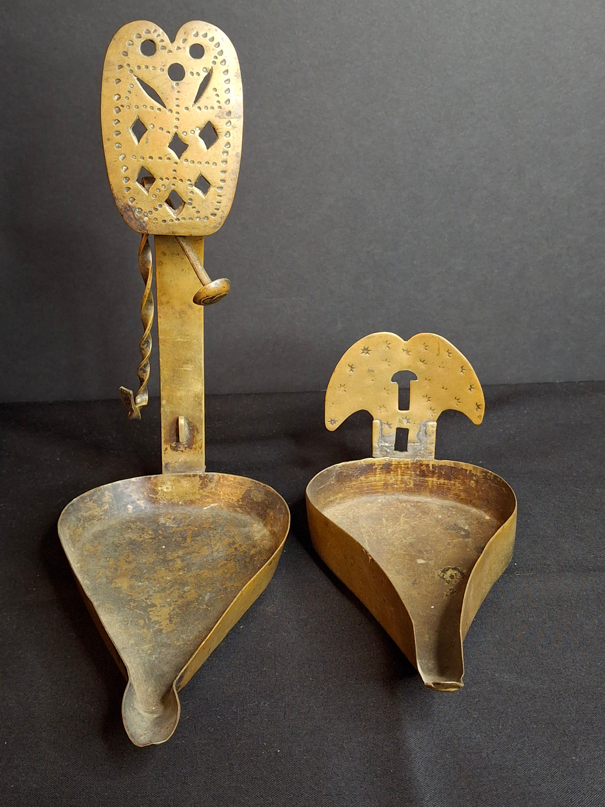 18th Century RARE MUSEUM GRADE Antique Huge Brass Double Cruise Crusie Phoebe Lamp 8.5" Pierced Backplate Marked