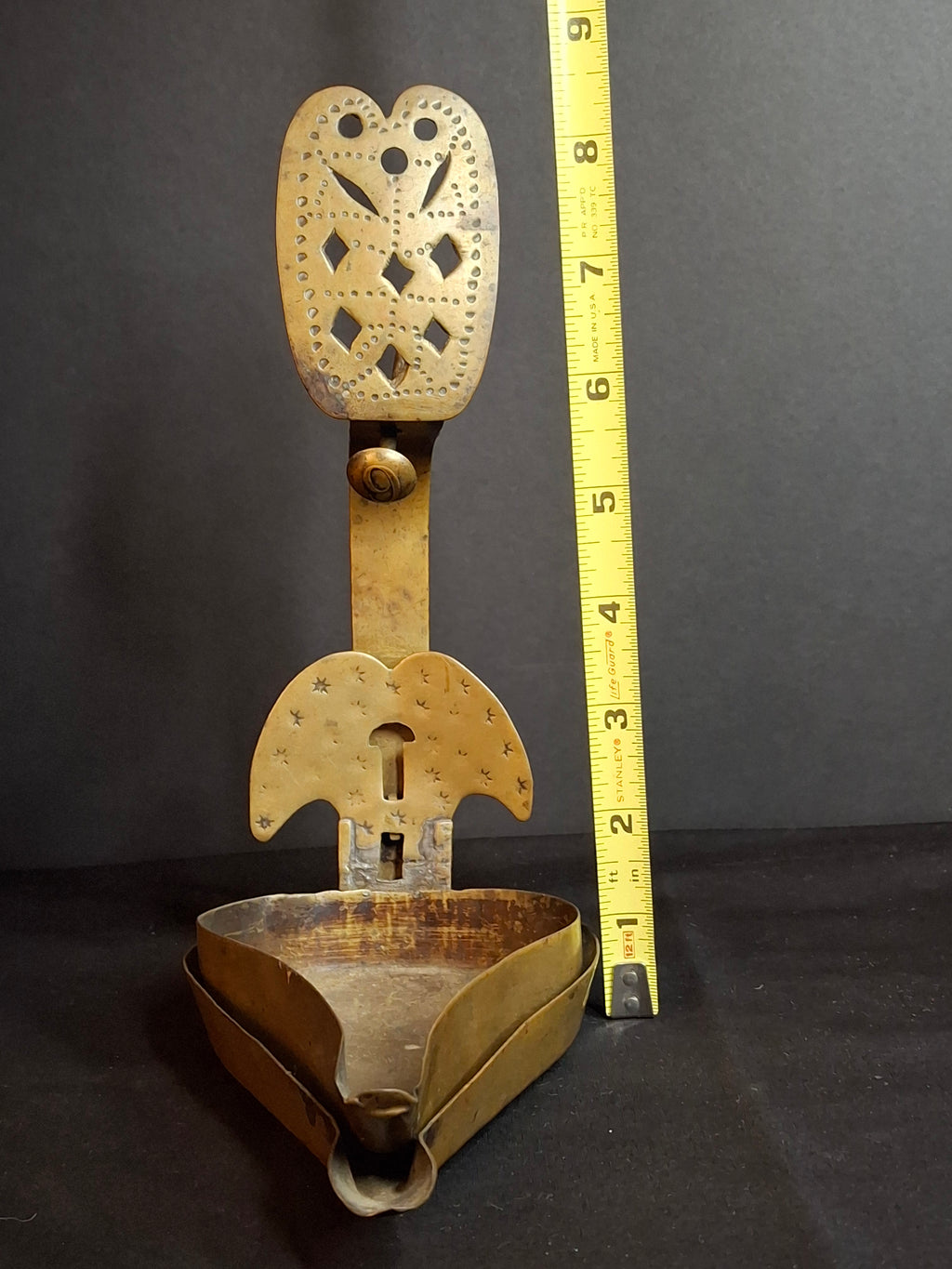 18th Century RARE MUSEUM GRADE Antique Huge Brass Double Cruise Crusie Phoebe Lamp 8.5" Pierced Backplate Marked