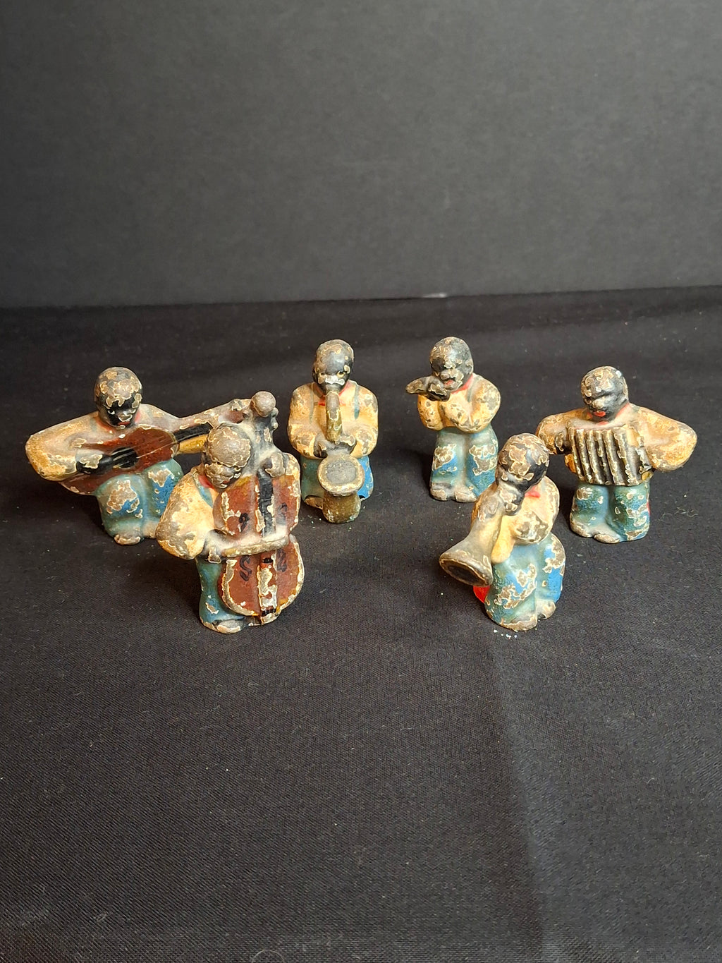 Antique Cast Iron Jazz Band Minstrel Figures Complete 6 Piece Set Double Bass Sax Trumpet Accordion Guitar Flute