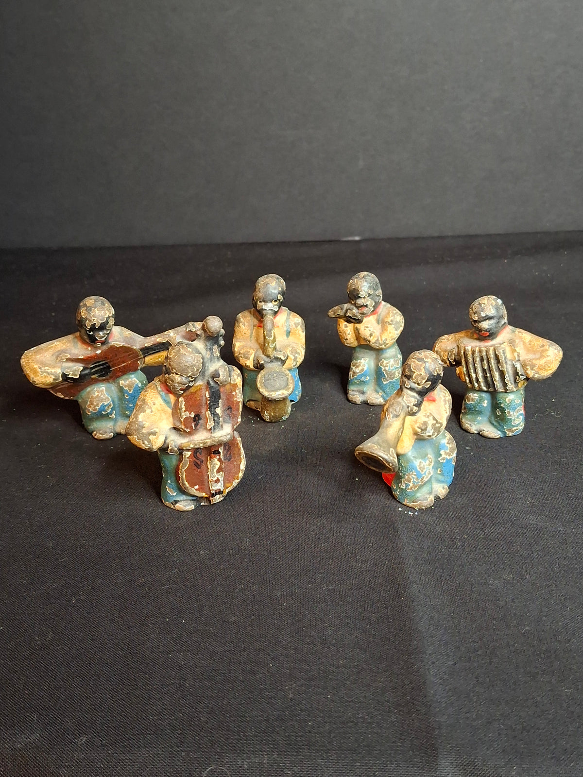Antique Cast Iron Jazz Band Minstrel Figures Complete 6 Piece Set Double Bass Sax Trumpet Accordion Guitar Flute