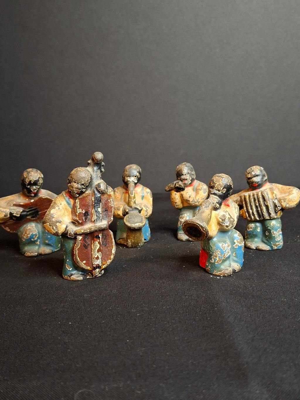 Antique Cast Iron Jazz Band Minstrel Figures Complete 6 Piece Set Double Bass Sax Trumpet Accordion Guitar Flute