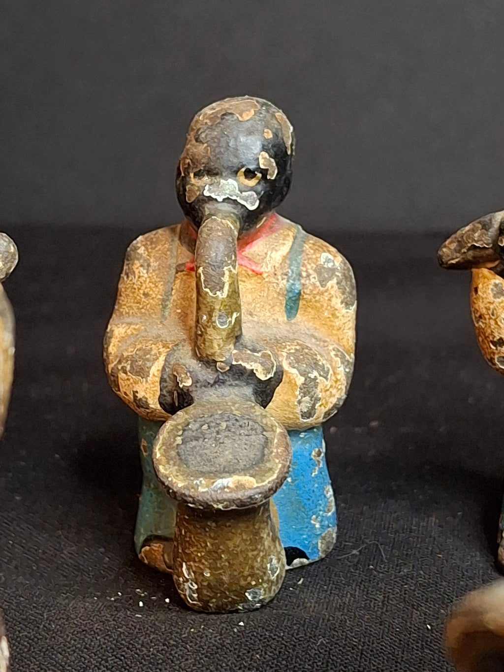Antique Cast Iron Jazz Band Minstrel Figures Complete 6 Piece Set Double Bass Sax Trumpet Accordion Guitar Flute