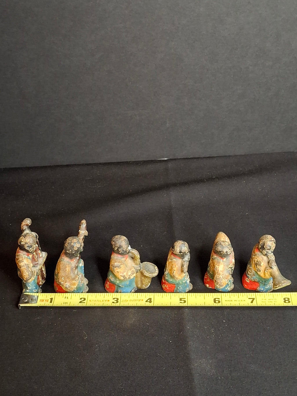 Antique Cast Iron Jazz Band Minstrel Figures Complete 6 Piece Set Double Bass Sax Trumpet Accordion Guitar Flute