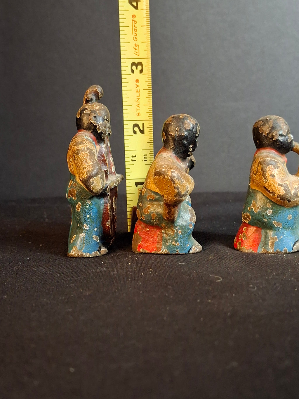 Antique Cast Iron Jazz Band Minstrel Figures Complete 6 Piece Set Double Bass Sax Trumpet Accordion Guitar Flute