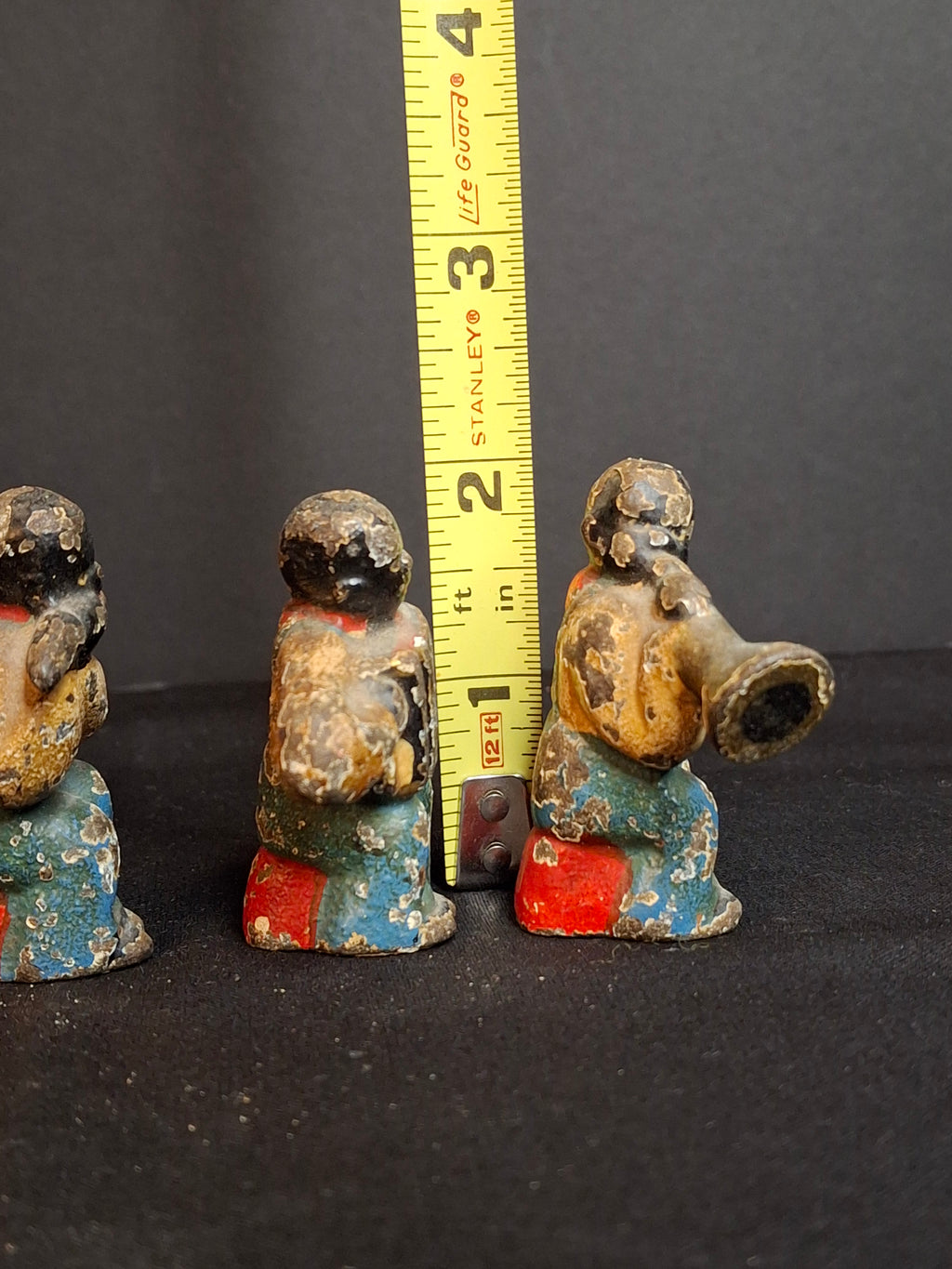 Antique Cast Iron Jazz Band Minstrel Figures Complete 6 Piece Set Double Bass Sax Trumpet Accordion Guitar Flute