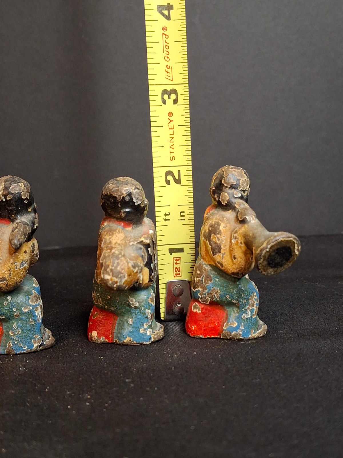 Antique Cast Iron Jazz Band Minstrel Figures Complete 6 Piece Set Double Bass Sax Trumpet Accordion Guitar Flute