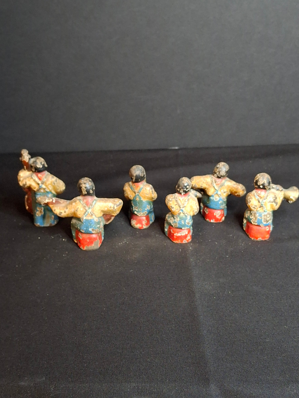Antique Cast Iron Jazz Band Minstrel Figures Complete 6 Piece Set Double Bass Sax Trumpet Accordion Guitar Flute