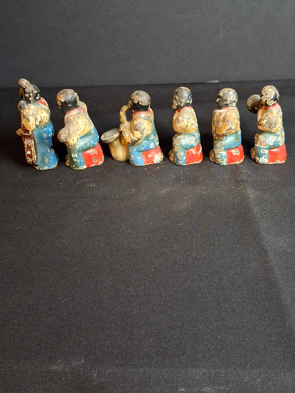 Antique Cast Iron Jazz Band Minstrel Figures Complete 6 Piece Set Double Bass Sax Trumpet Accordion Guitar Flute
