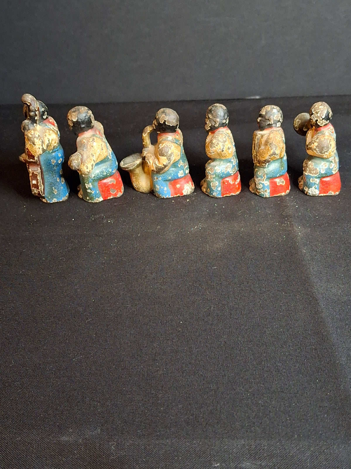 Antique Cast Iron Jazz Band Minstrel Figures Complete 6 Piece Set Double Bass Sax Trumpet Accordion Guitar Flute