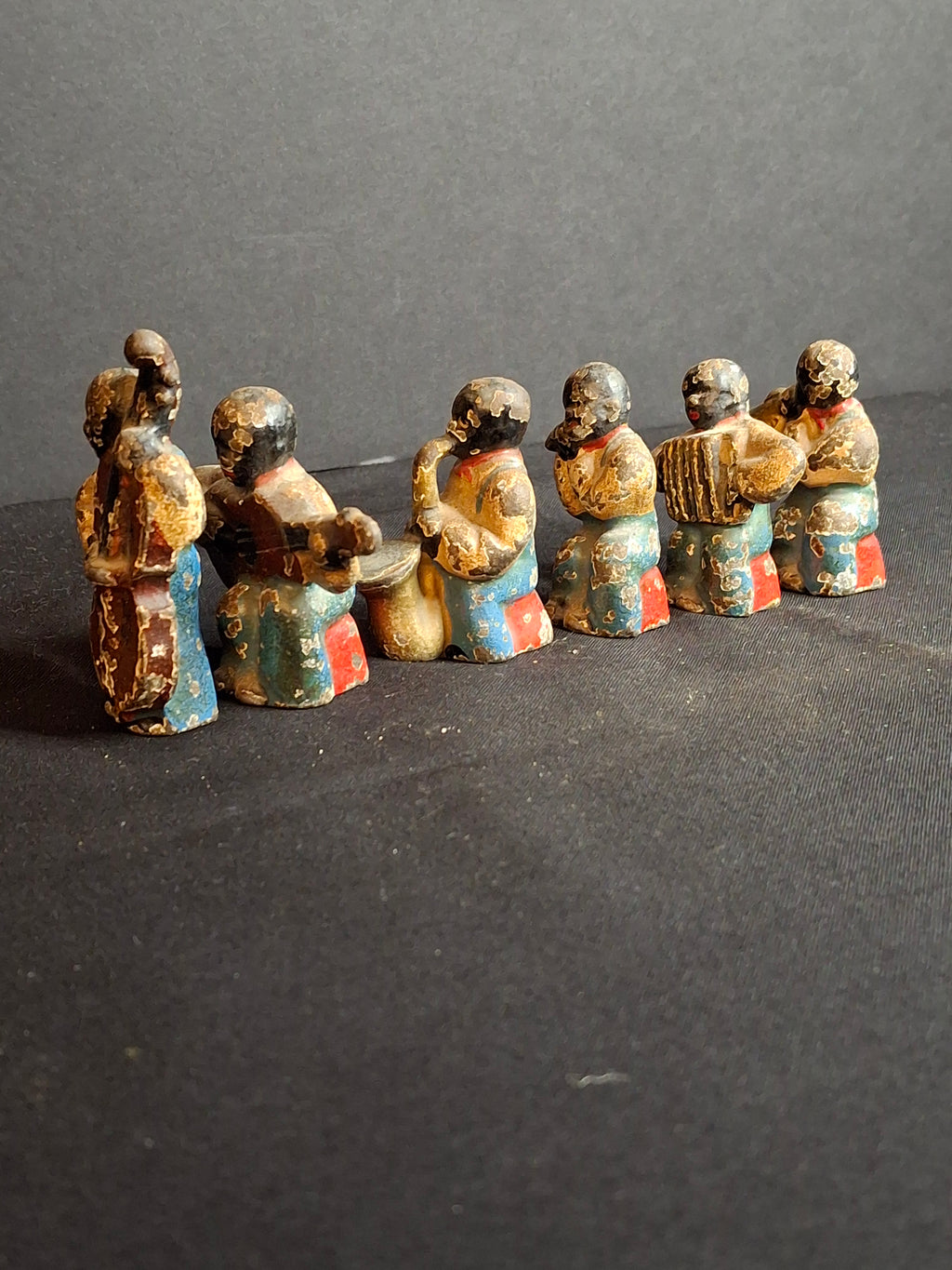 Antique Cast Iron Jazz Band Minstrel Figures Complete 6 Piece Set Double Bass Sax Trumpet Accordion Guitar Flute