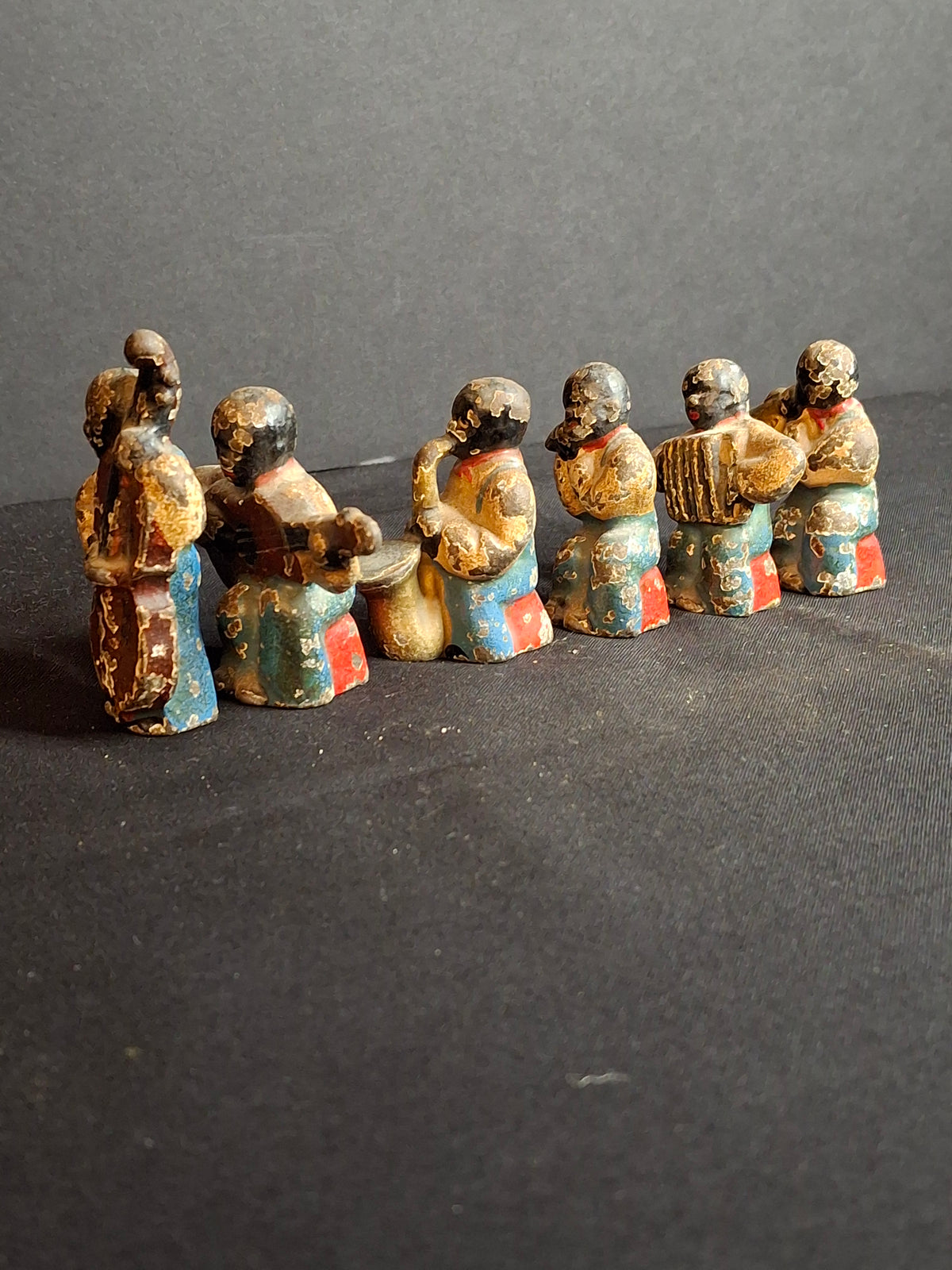 Antique Cast Iron Jazz Band Minstrel Figures Complete 6 Piece Set Double Bass Sax Trumpet Accordion Guitar Flute
