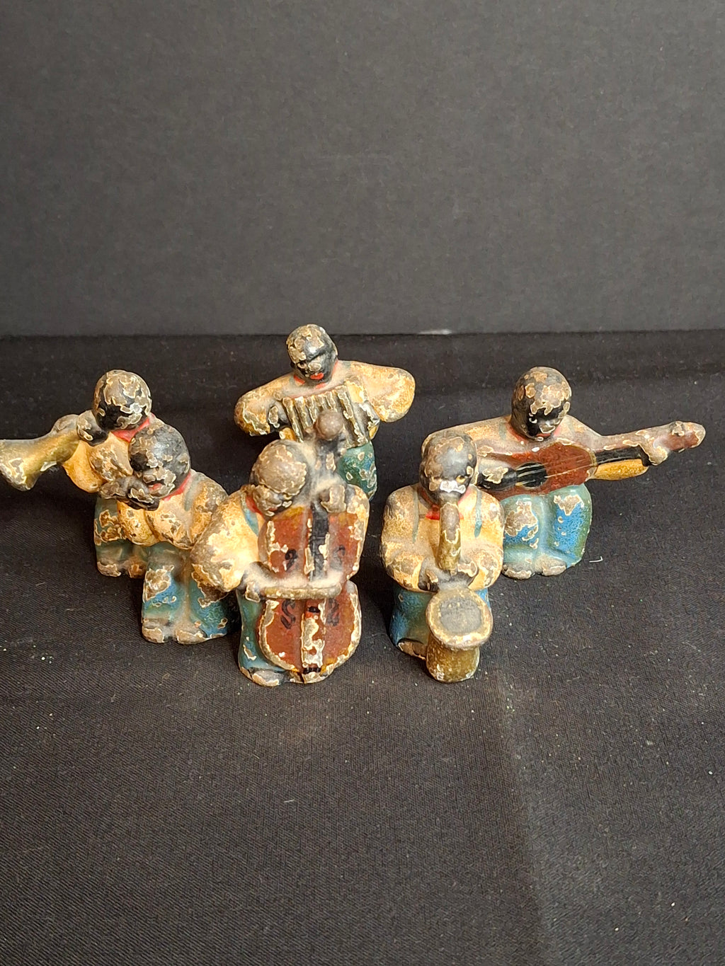 Antique Cast Iron Jazz Band Minstrel Figures Complete 6 Piece Set Double Bass Sax Trumpet Accordion Guitar Flute