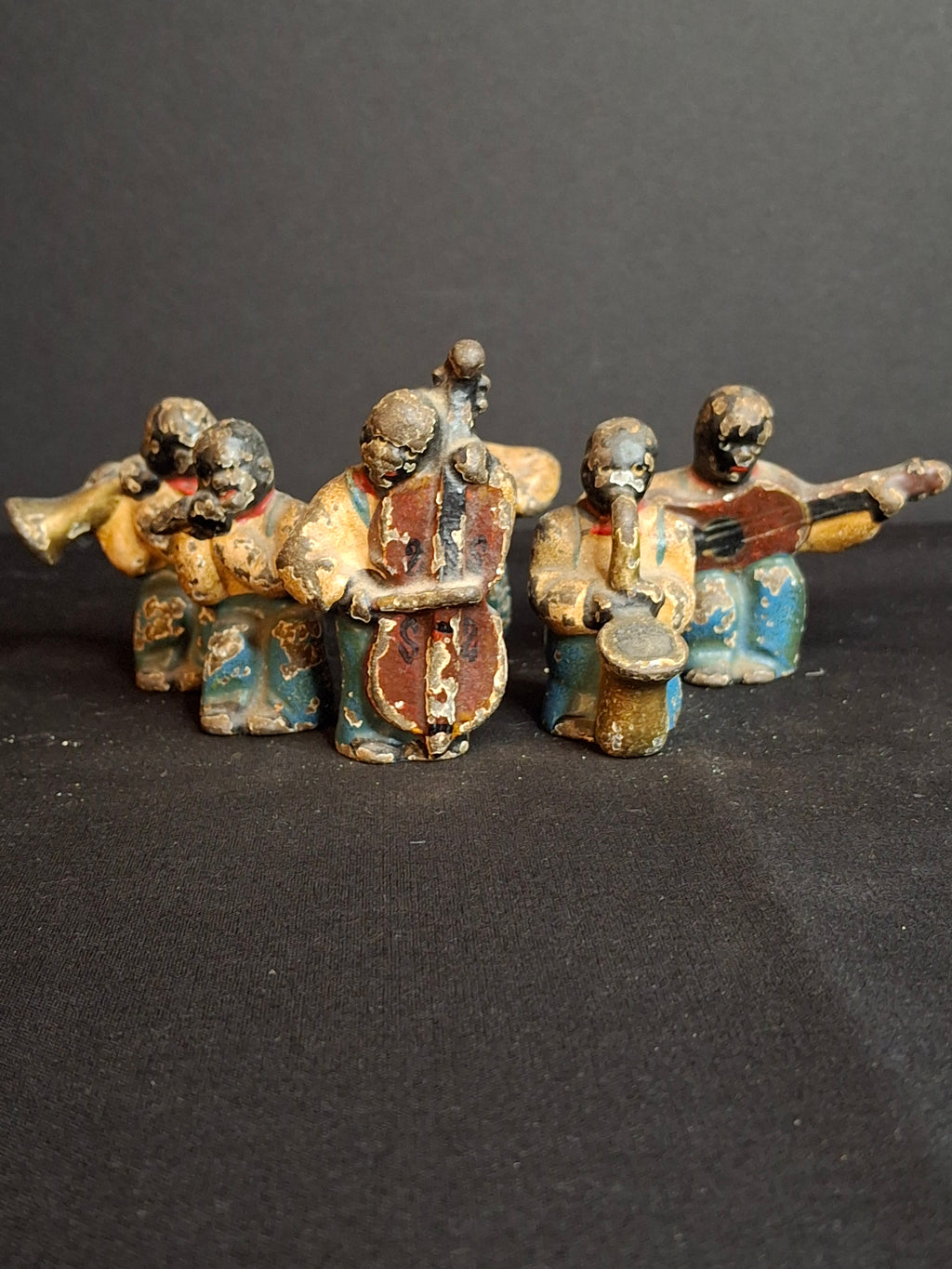 Antique Cast Iron Jazz Band Minstrel Figures Complete 6 Piece Set Double Bass Sax Trumpet Accordion Guitar Flute