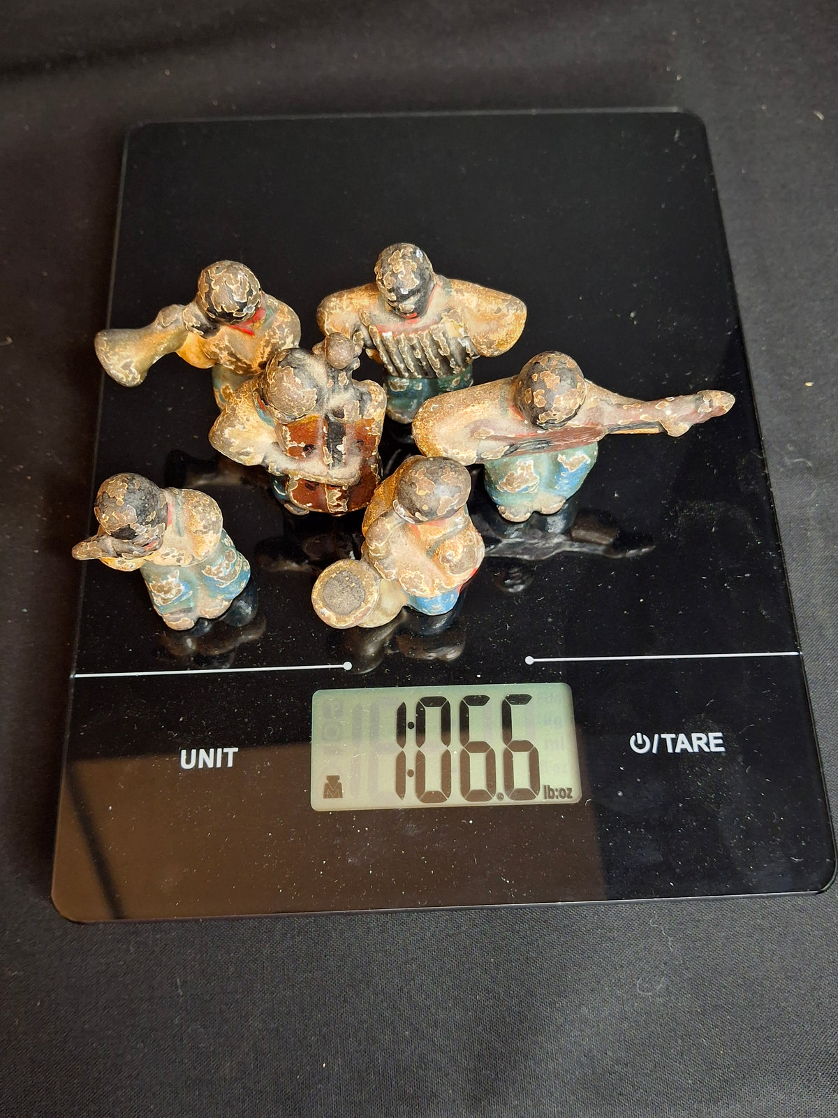 Antique Cast Iron Jazz Band Minstrel Figures Complete 6 Piece Set Double Bass Sax Trumpet Accordion Guitar Flute