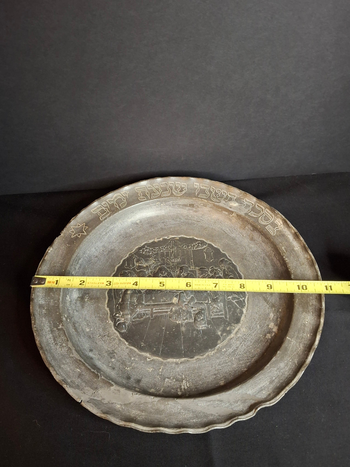 18th Century Continental Pewter Sukkot Festival Charger - Rare Sukkah Scene & Hebrew Calligraphy