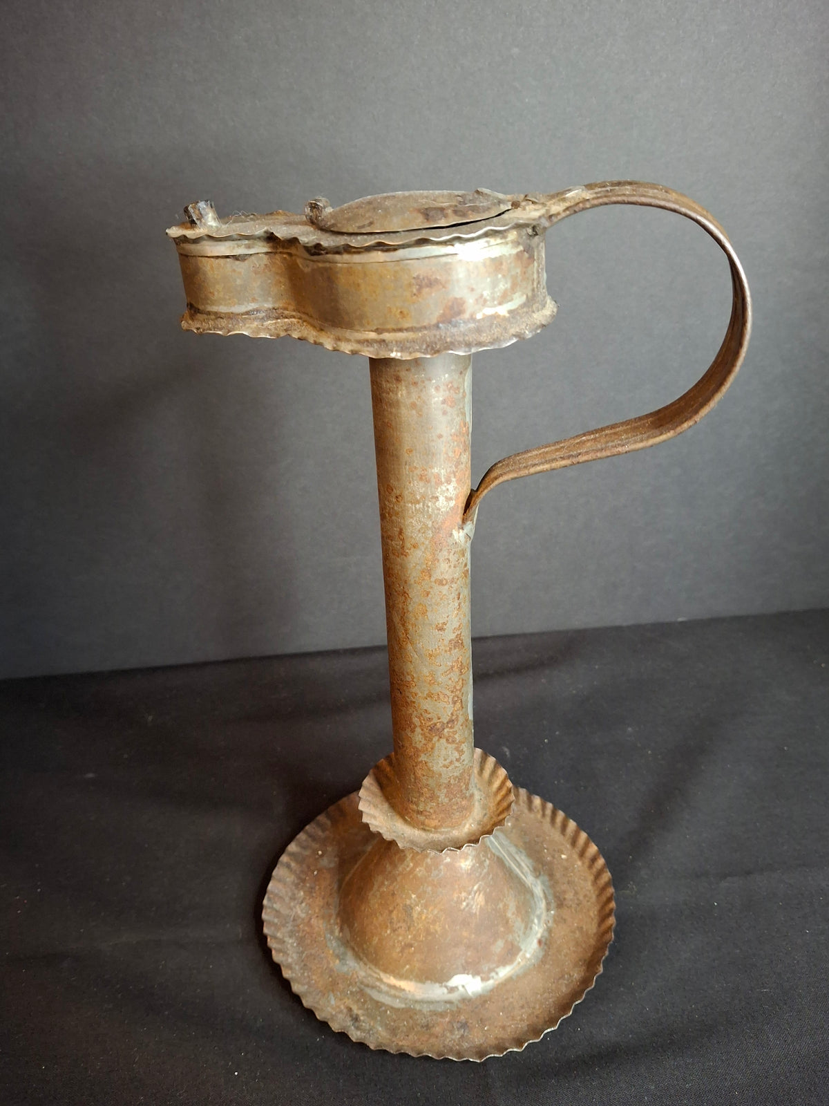 Antique Rare 19th Century Sheet Tin Betty Lamp Integrated Saucer Stand Primitive Fat Lard Grease Oil Lamp
