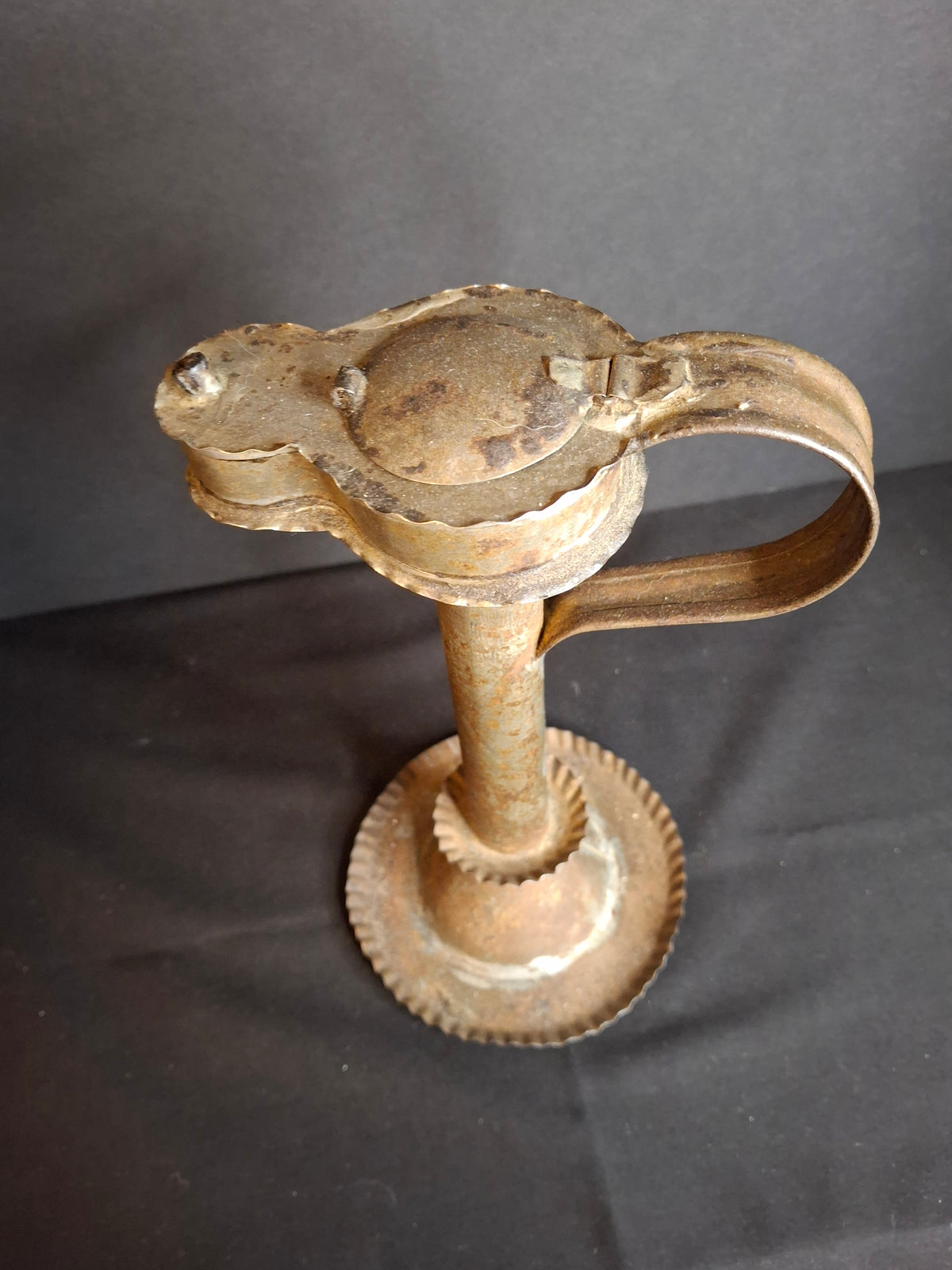 Antique Rare 19th Century Sheet Tin Betty Lamp Integrated Saucer Stand Primitive Fat Lard Grease Oil Lamp