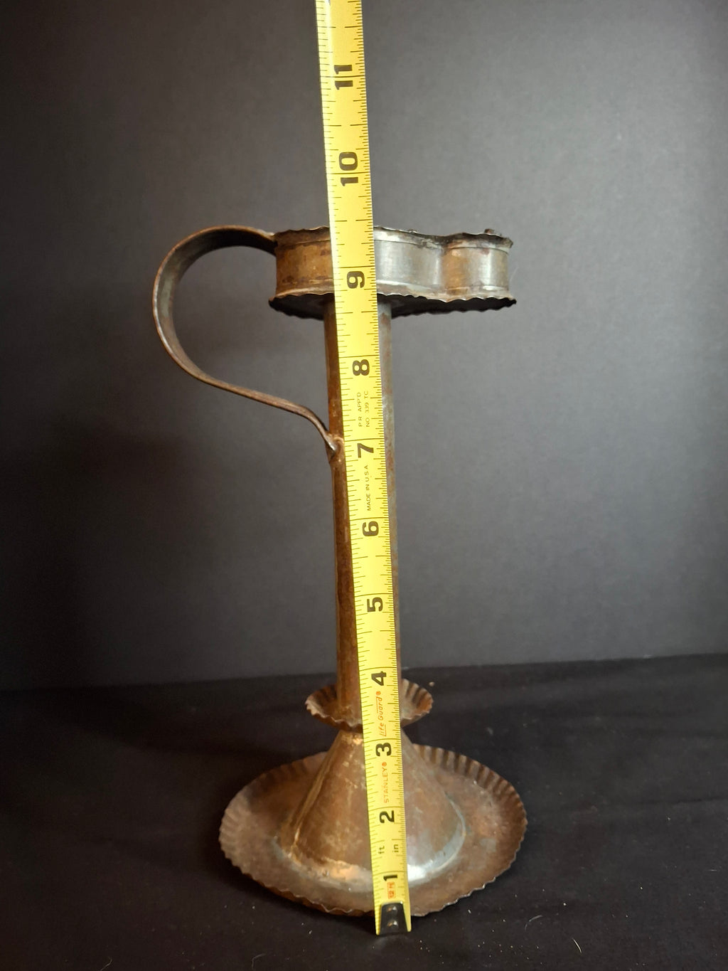 Antique Rare 19th Century Sheet Tin Betty Lamp Integrated Saucer Stand Primitive Fat Lard Grease Oil Lamp