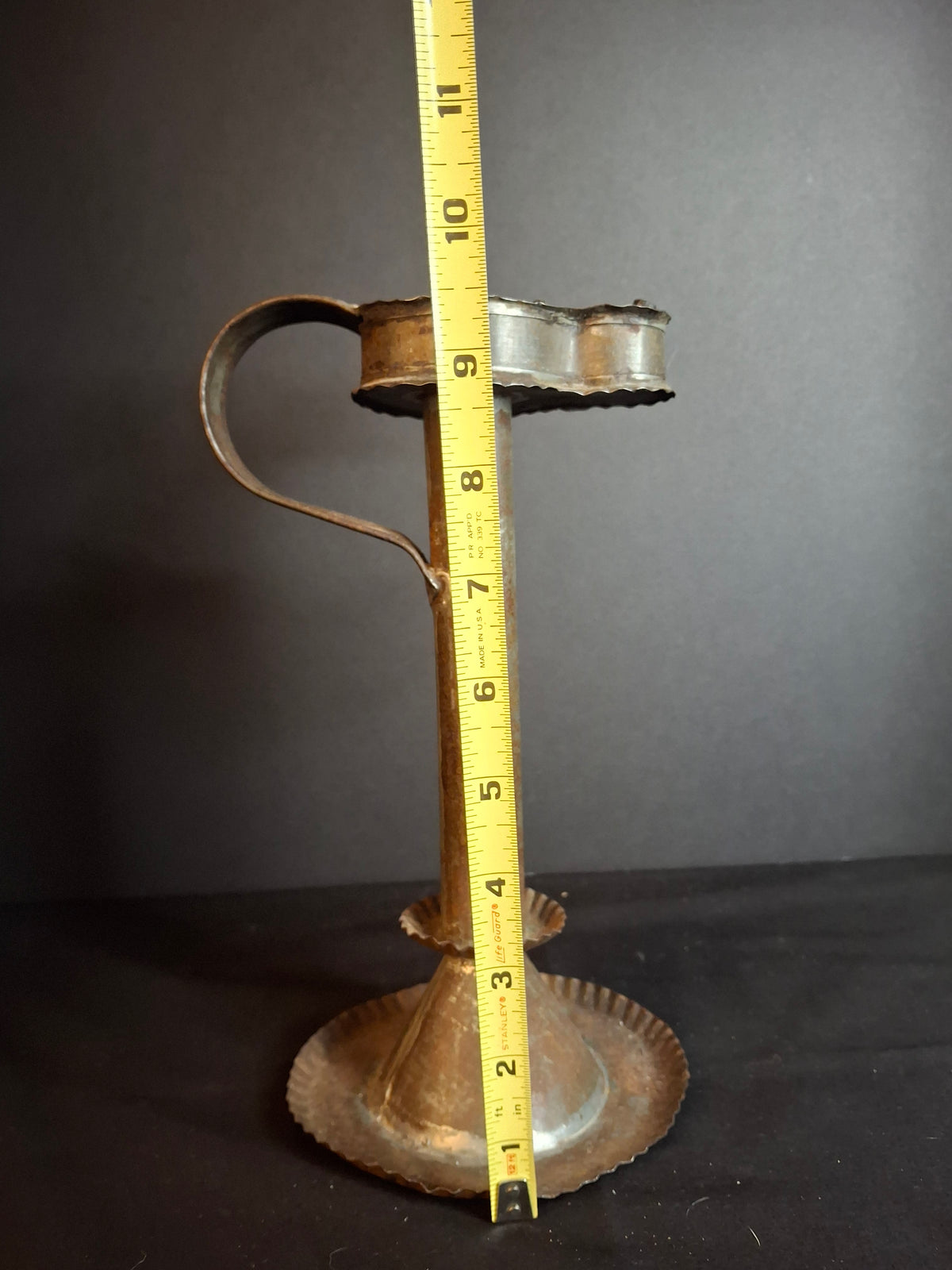 Antique Rare 19th Century Sheet Tin Betty Lamp Integrated Saucer Stand Primitive Fat Lard Grease Oil Lamp