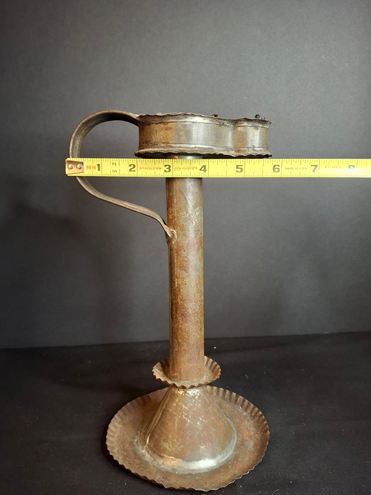 Antique Rare 19th Century Sheet Tin Betty Lamp Integrated Saucer Stand Primitive Fat Lard Grease Oil Lamp