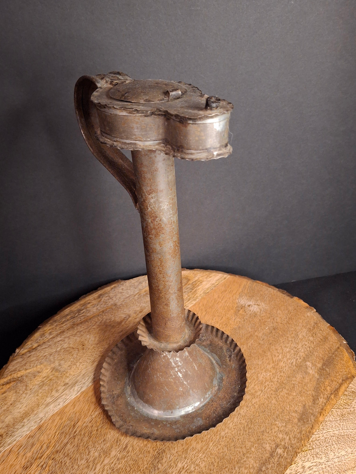 Antique Rare 19th Century Sheet Tin Betty Lamp Integrated Saucer Stand Primitive Fat Lard Grease Oil Lamp