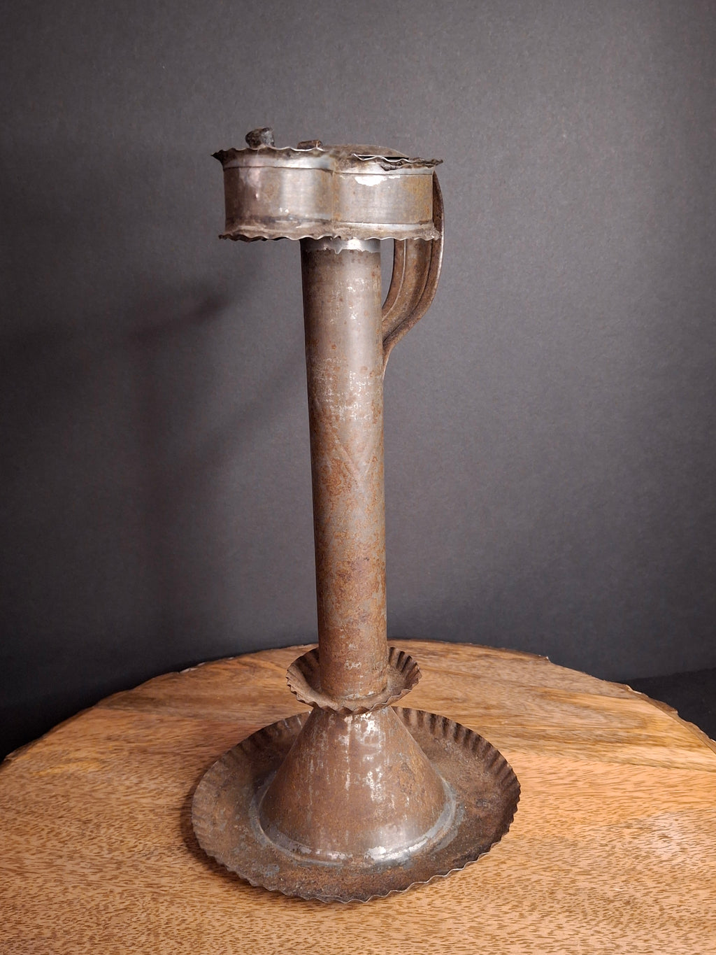 Antique Rare 19th Century Sheet Tin Betty Lamp Integrated Saucer Stand Primitive Fat Lard Grease Oil Lamp