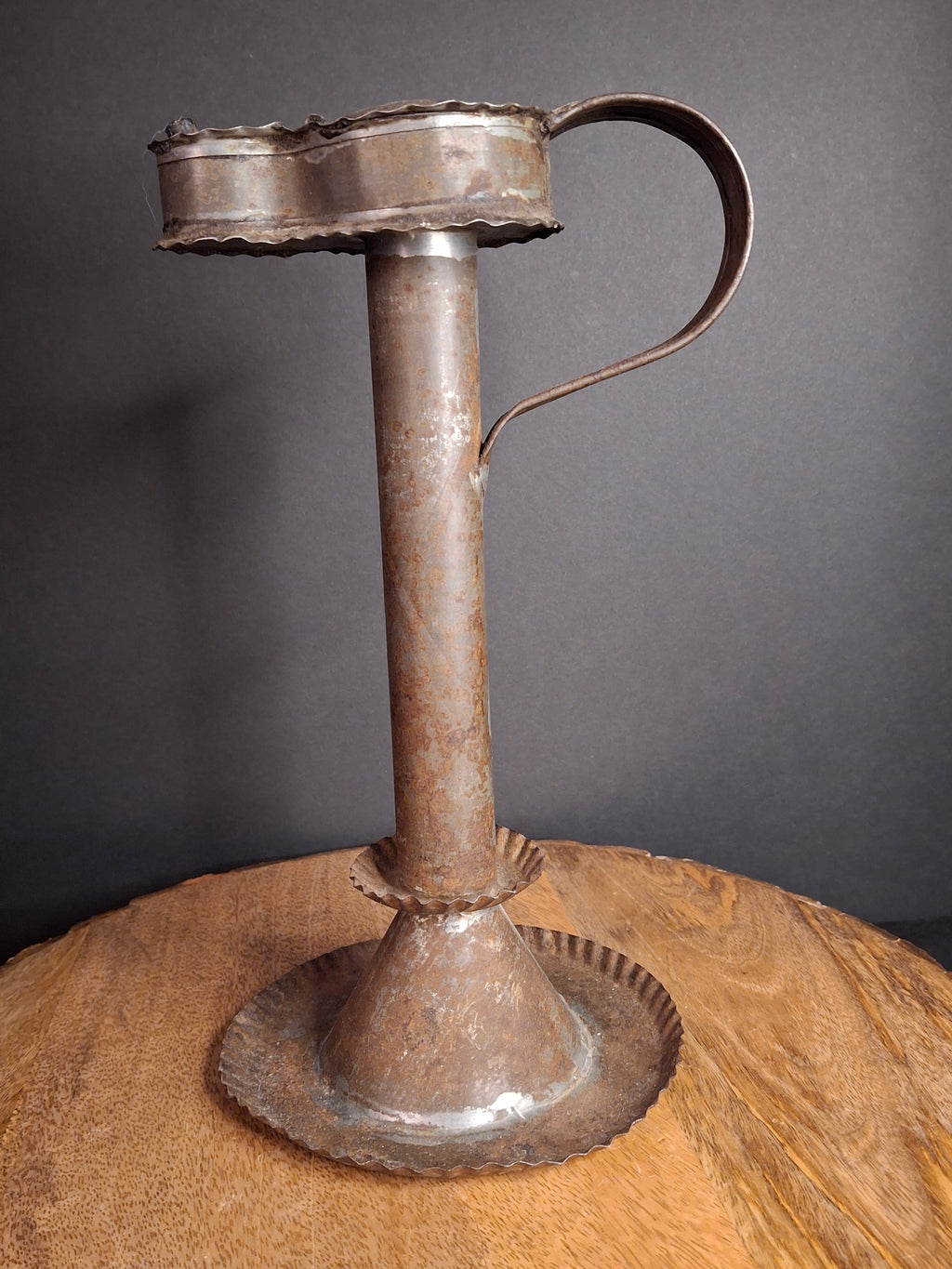 Antique Rare 19th Century Sheet Tin Betty Lamp Integrated Saucer Stand Primitive Fat Lard Grease Oil Lamp