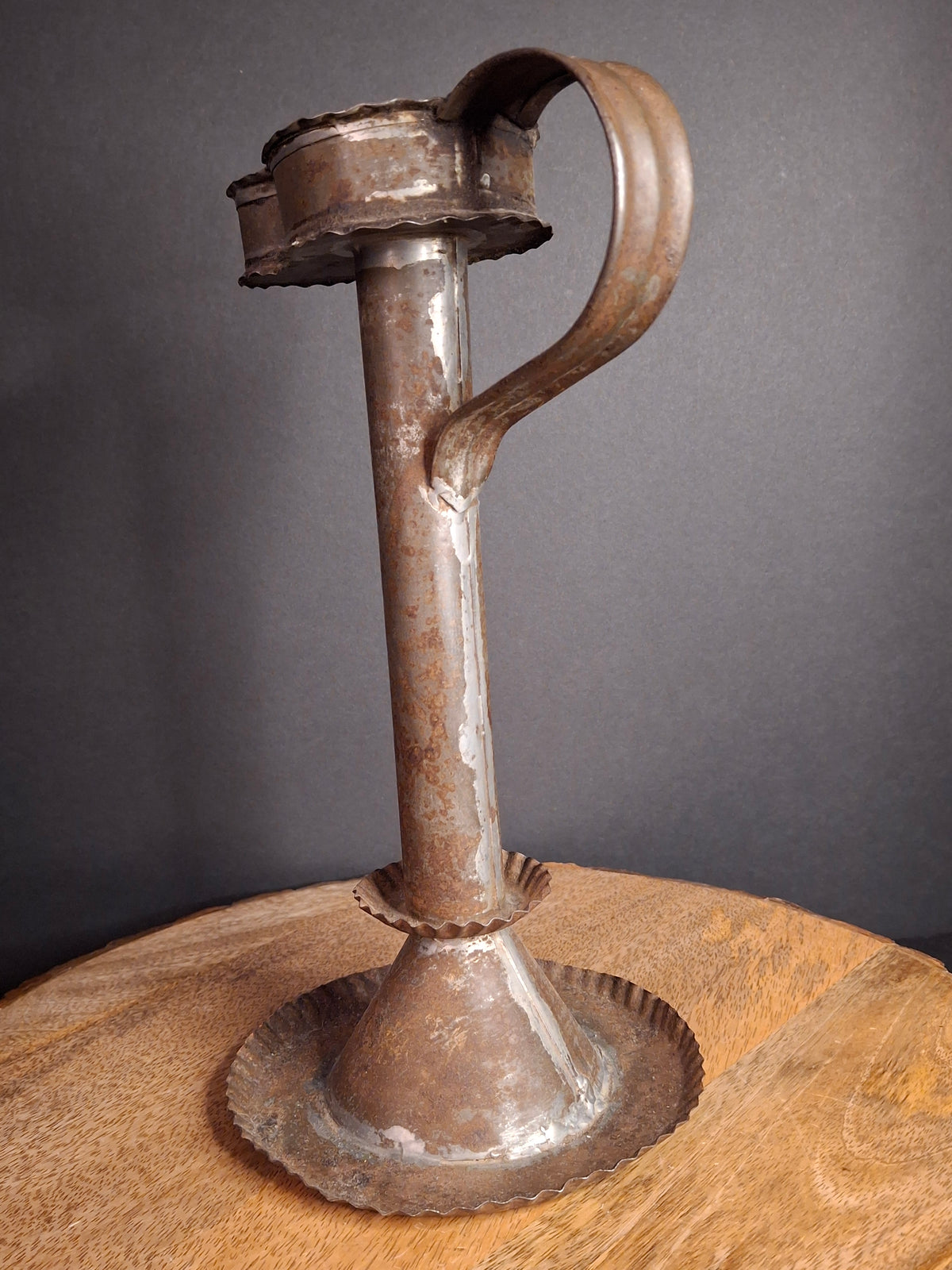Antique Rare 19th Century Sheet Tin Betty Lamp Integrated Saucer Stand Primitive Fat Lard Grease Oil Lamp