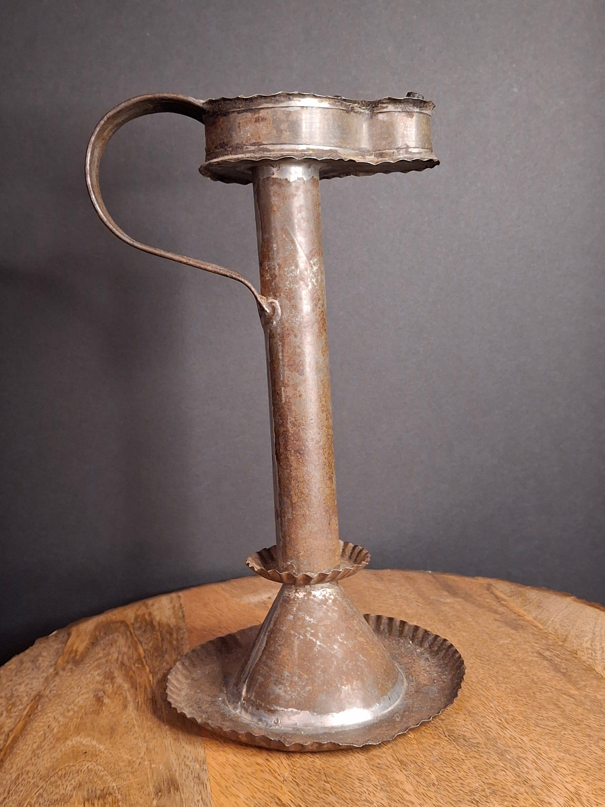 Antique Rare 19th Century Sheet Tin Betty Lamp Integrated Saucer Stand Primitive Fat Lard Grease Oil Lamp