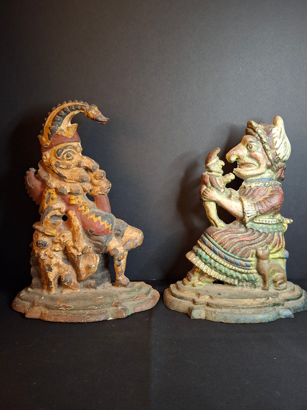 Pair Of Antique Cast Iron Punch & Judy Figural Doorstops – Circa 1920s 11 lbs - Matthew J King Collection