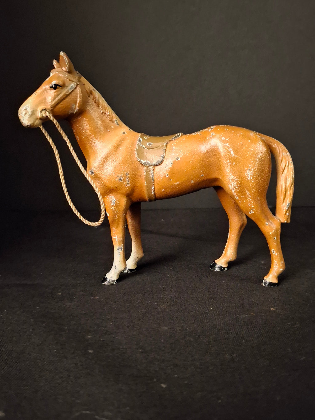 Antique Hubley Cast Iron Standing Horse Figurine, Saddle & Reins, Original Paint c. 1920s