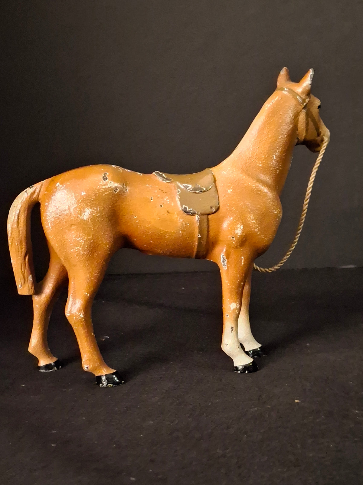 Antique Hubley Cast Iron Standing Horse Figurine, Saddle & Reins, Original Paint c. 1920s