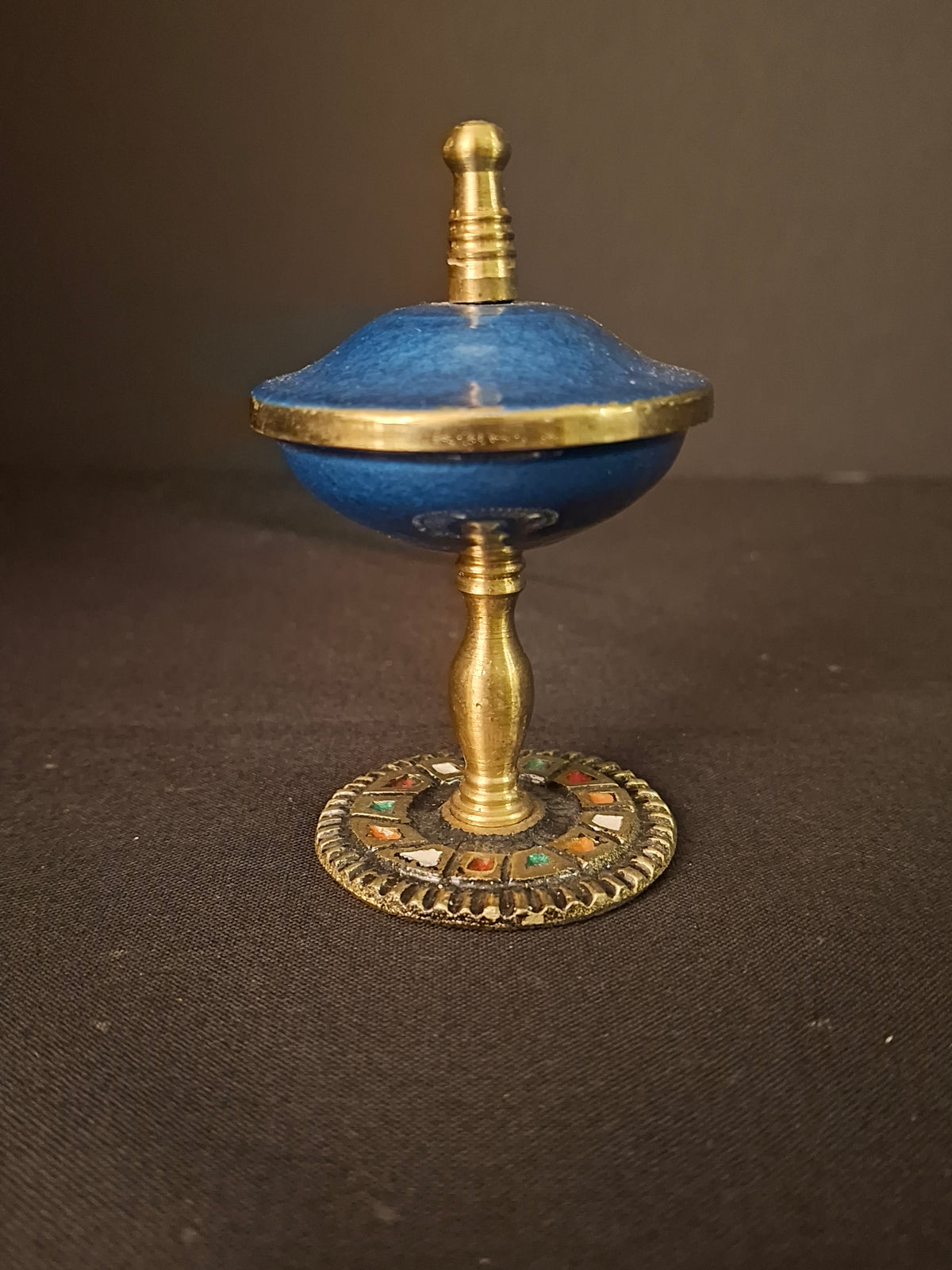 Vintage Israeli Brass Enamel Besamim Spice Box Container Mosaic Base Judaica