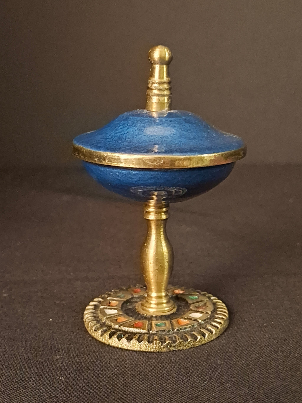 Vintage Israeli Brass Enamel Besamim Spice Box Container Mosaic Base Judaica