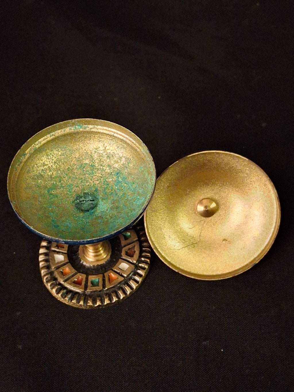 Vintage Israeli Brass Enamel Besamim Spice Box Container Mosaic Base Judaica