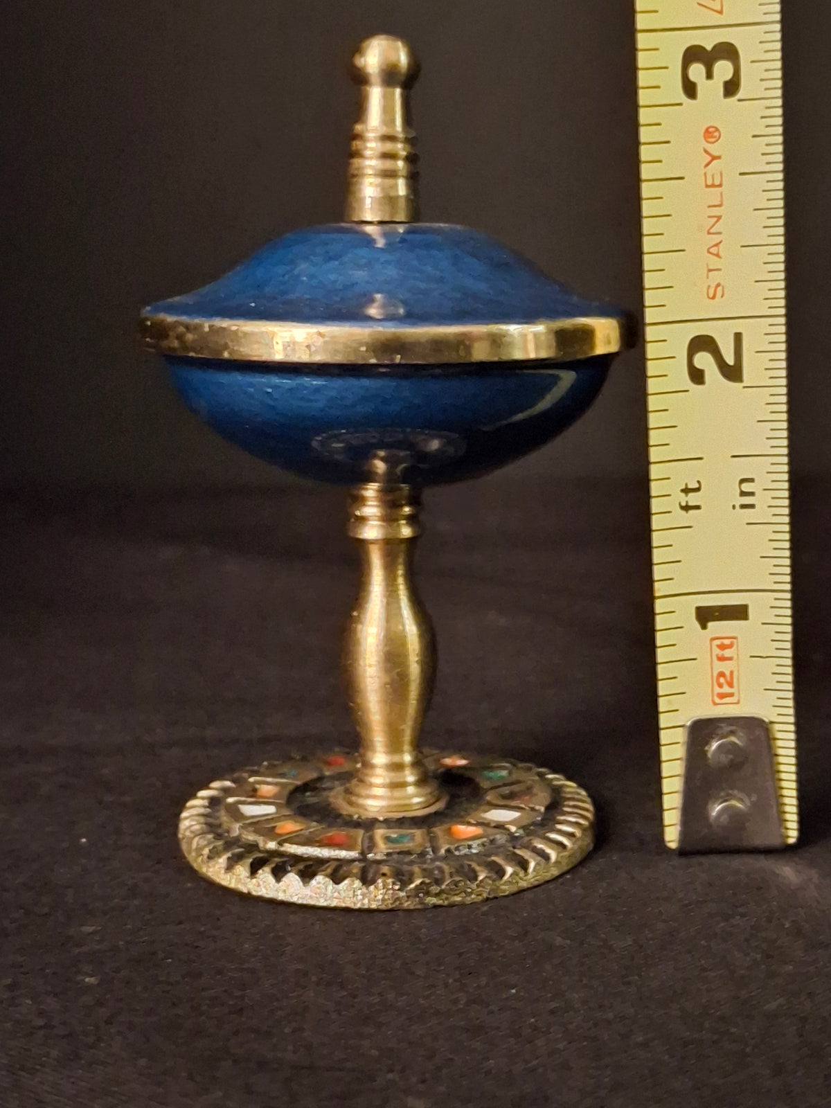 Vintage Israeli Brass Enamel Besamim Spice Box Container Mosaic Base Judaica