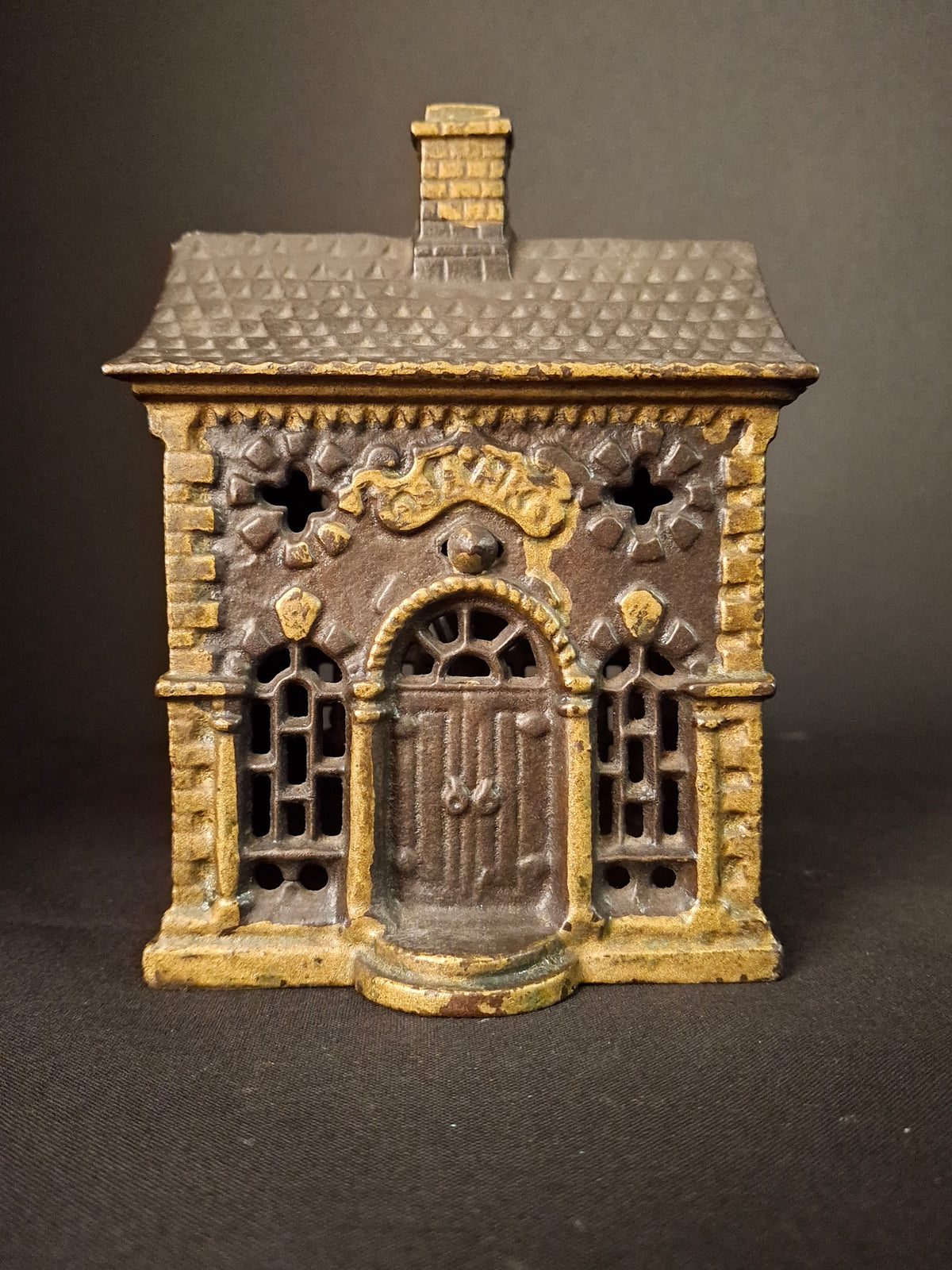 Antique Cast Iron Roof Bank J&E Stevens Architectural Building Still Coin Savings Bank Gold Paint c. 1890