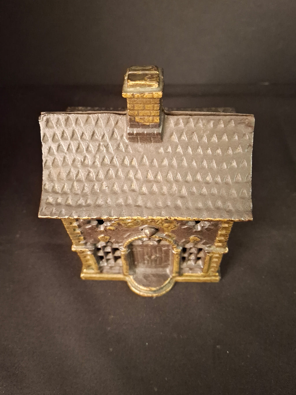 Antique Cast Iron Roof Bank J&E Stevens Architectural Building Still Coin Savings Bank Gold Paint c. 1890