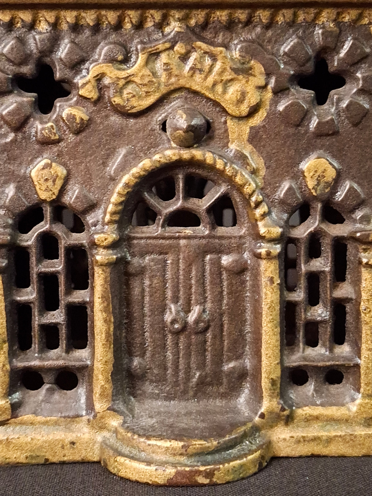 Antique Cast Iron Roof Bank J&E Stevens Architectural Building Still Coin Savings Bank Gold Paint c. 1890