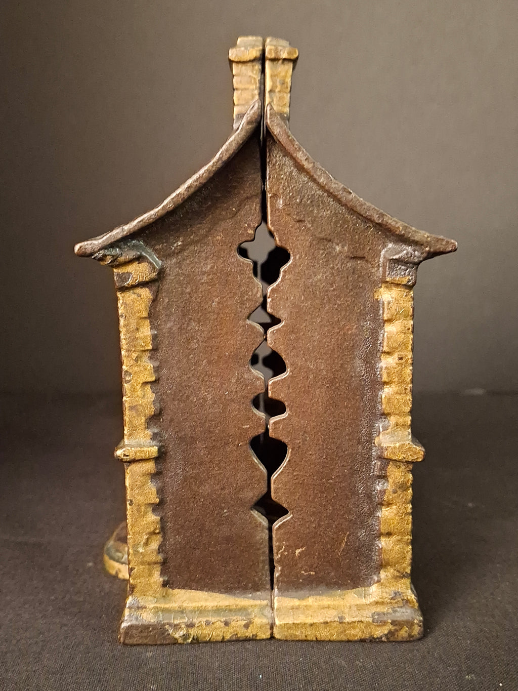 Antique Cast Iron Roof Bank J&E Stevens Architectural Building Still Coin Savings Bank Gold Paint c. 1890