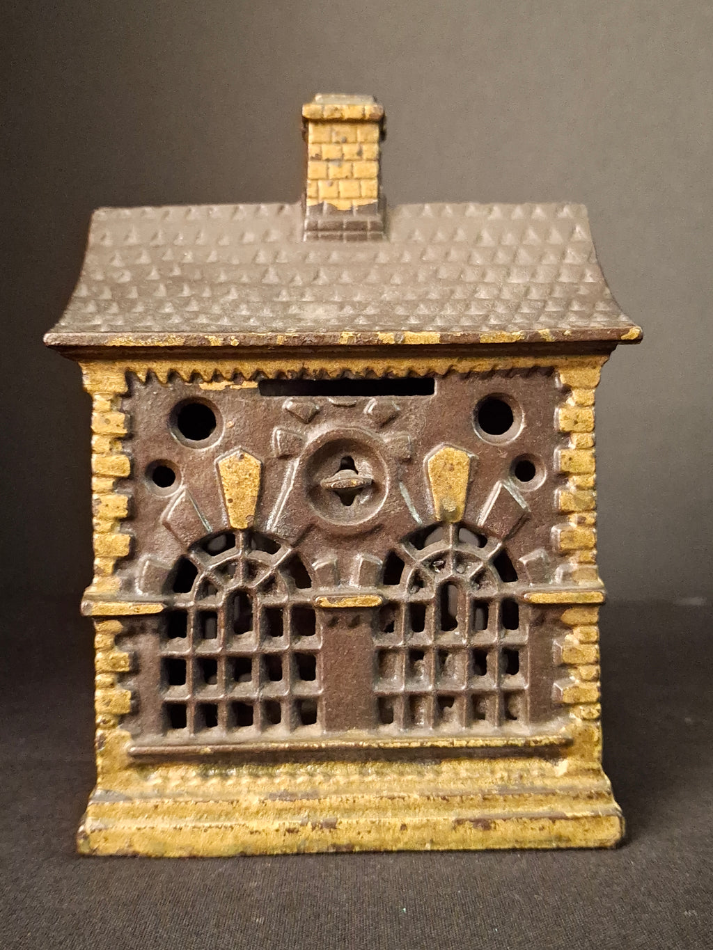 Antique Cast Iron Roof Bank J&E Stevens Architectural Building Still Coin Savings Bank Gold Paint c. 1890