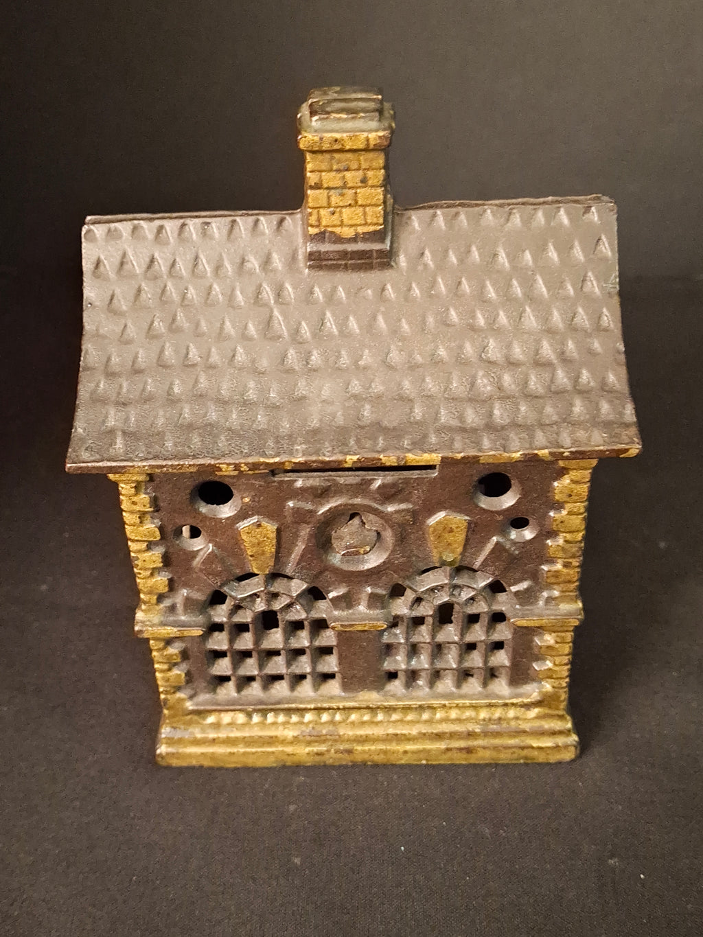 Antique Cast Iron Roof Bank J&E Stevens Architectural Building Still Coin Savings Bank Gold Paint c. 1890