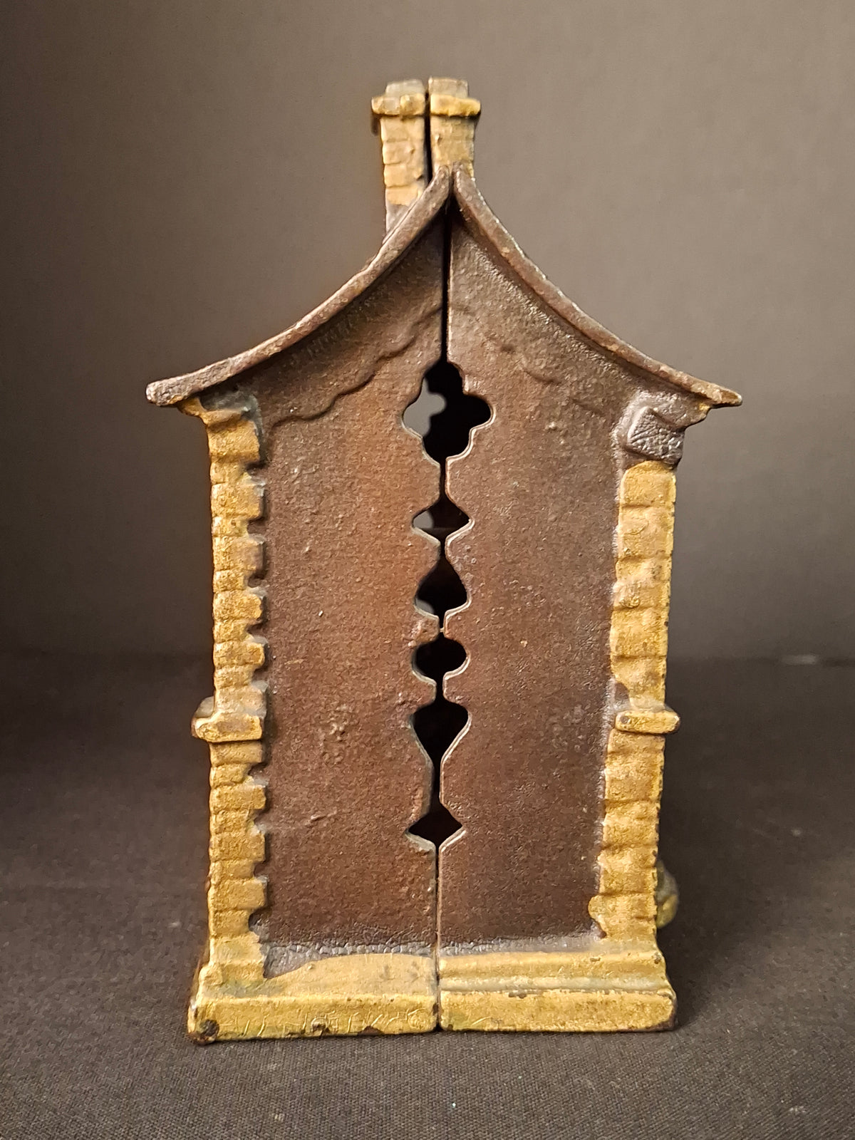 Antique Cast Iron Roof Bank J&E Stevens Architectural Building Still Coin Savings Bank Gold Paint c. 1890